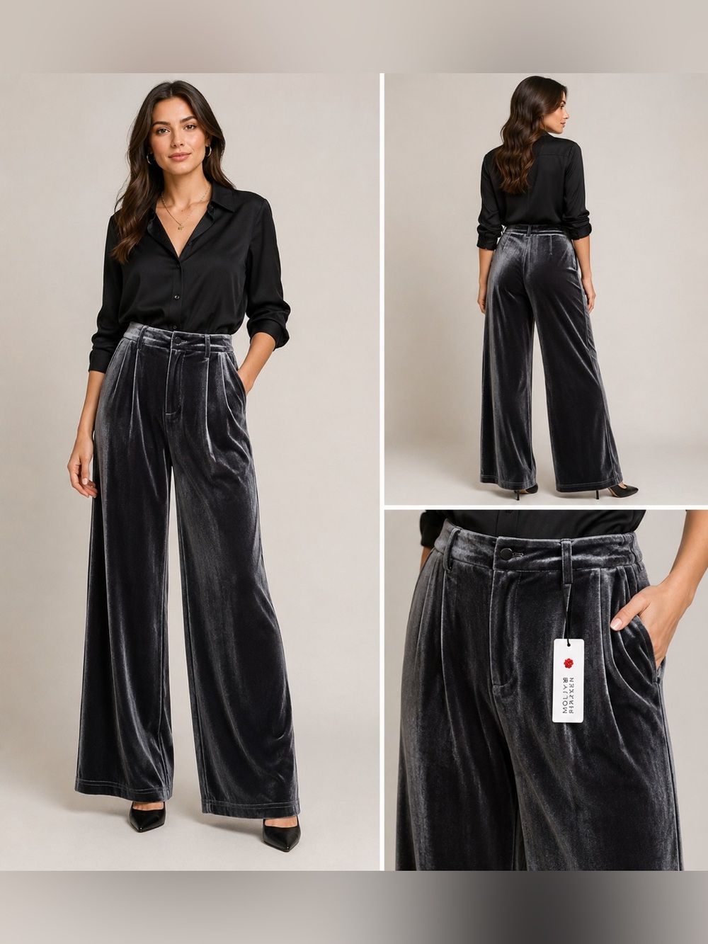 Molly Bracken Gray Velvet Wide Leg High Rise Pants NWT Women’s size medium